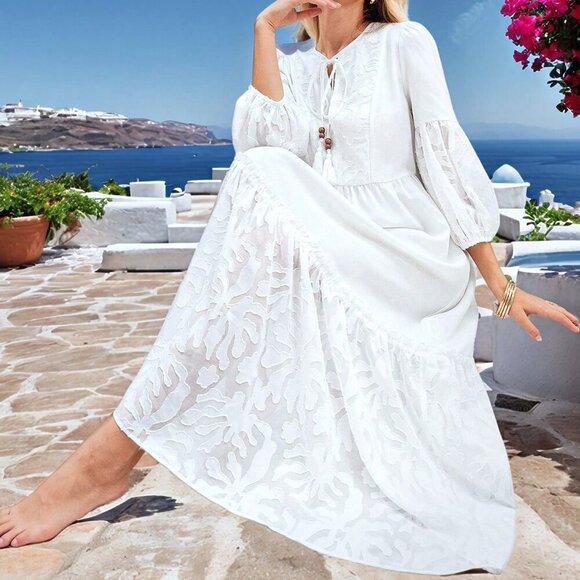 White Boho Women's Loose Tie Neck Ruffled Hem Long Sleeve Dress - Picture 6 of 7